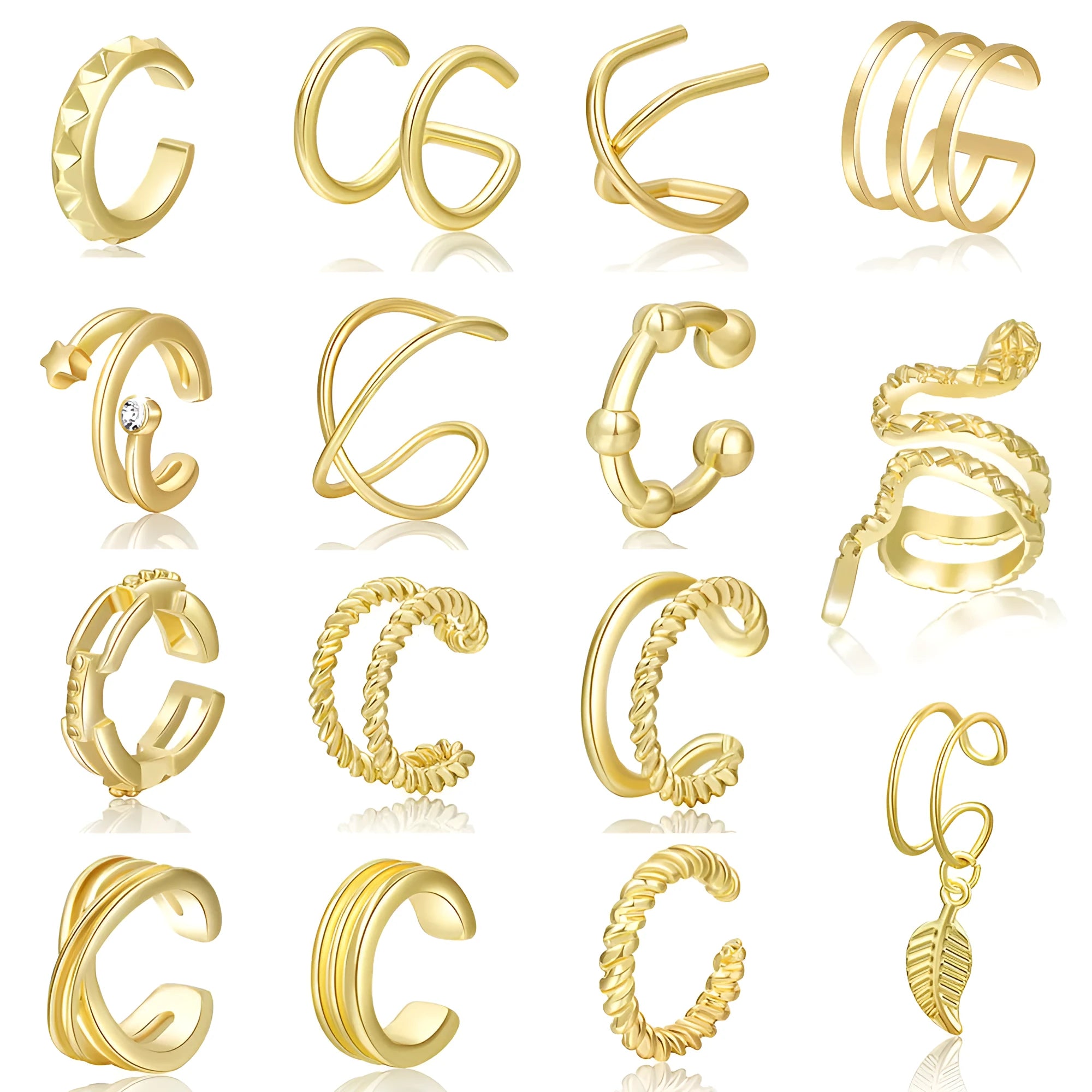 15-piece gold metal clip-on earring set for women without pierced ears geometric round and ring shapes on white background