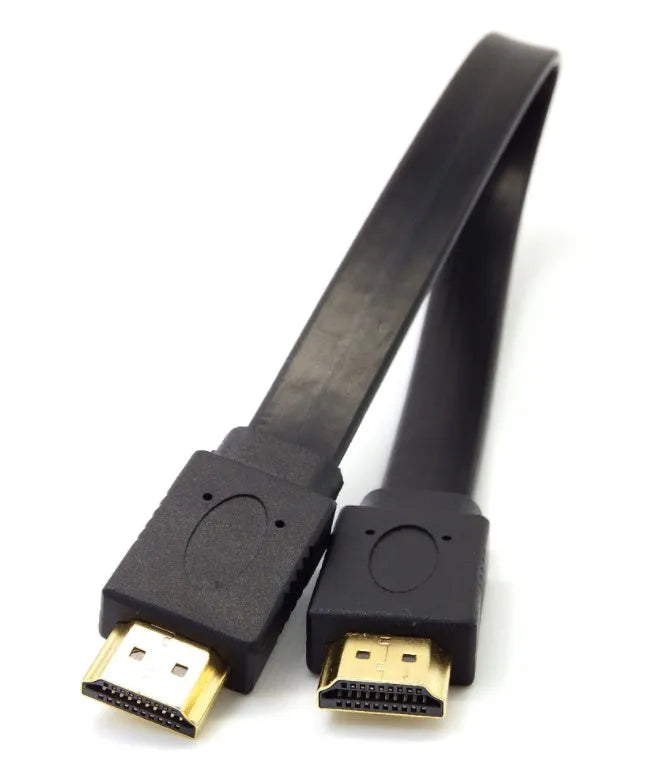 Flat black HDMI cable with male connectors showing length options for tidy AV setup