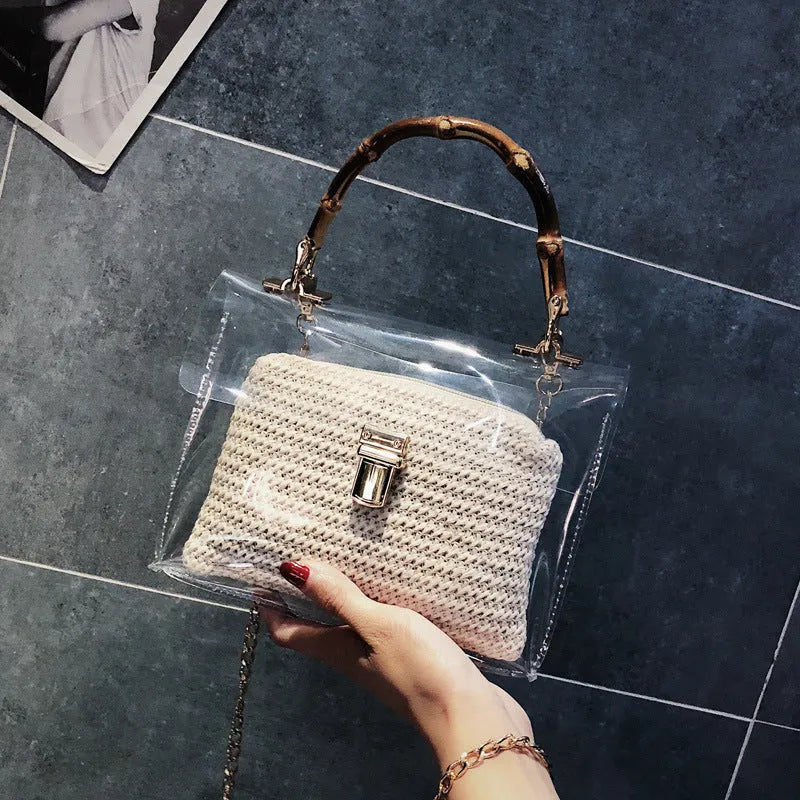 Women's PVC bamboo knot woven crossbody bag with chain decoration in khaki