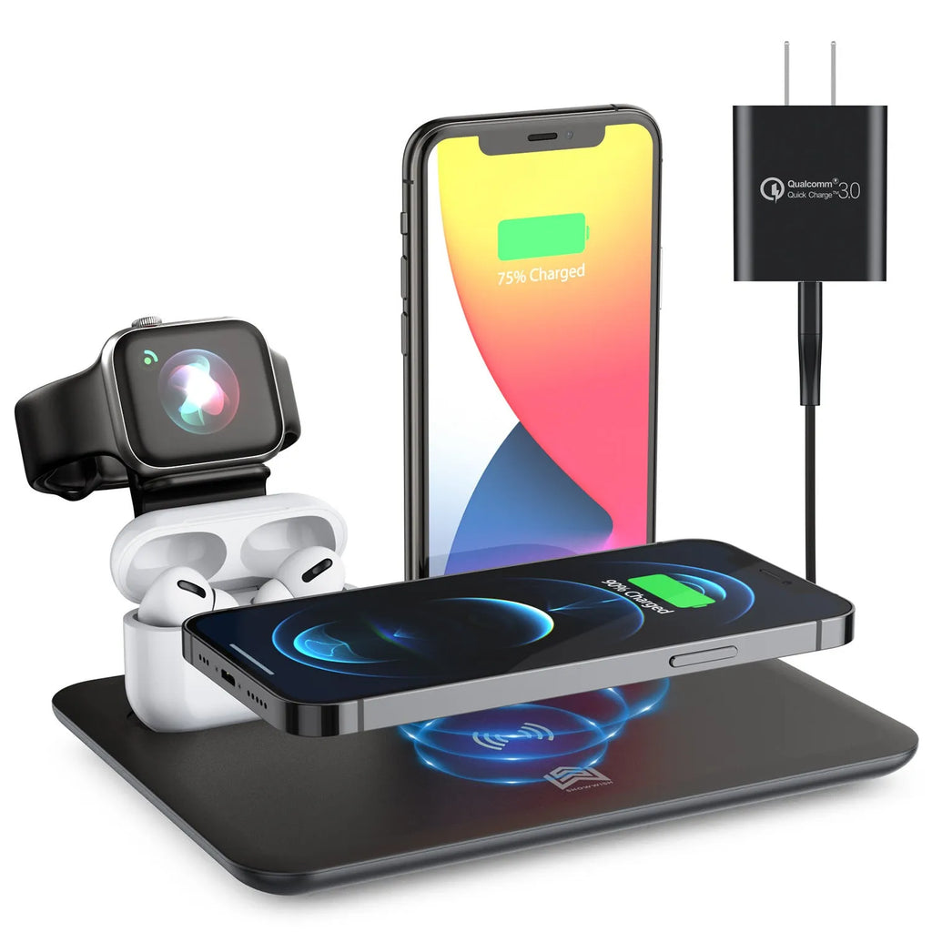 Black multi-device wireless charging stand holding a phone, headphones, and a smartwatch on a desk.