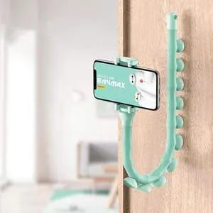 Flexible worm-style lazy bracket mobile phone holder with long silicone arm and black rubber suction cup base.