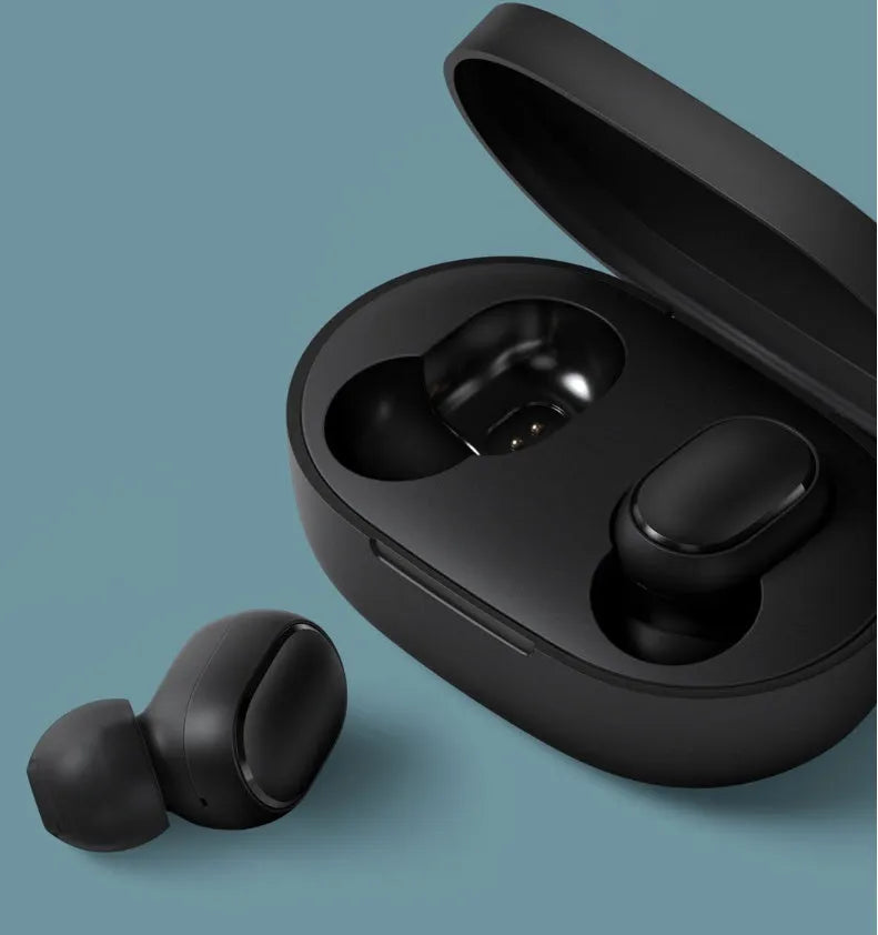 Redmi AirDots 2 black true wireless earbuds and charging case on a white background