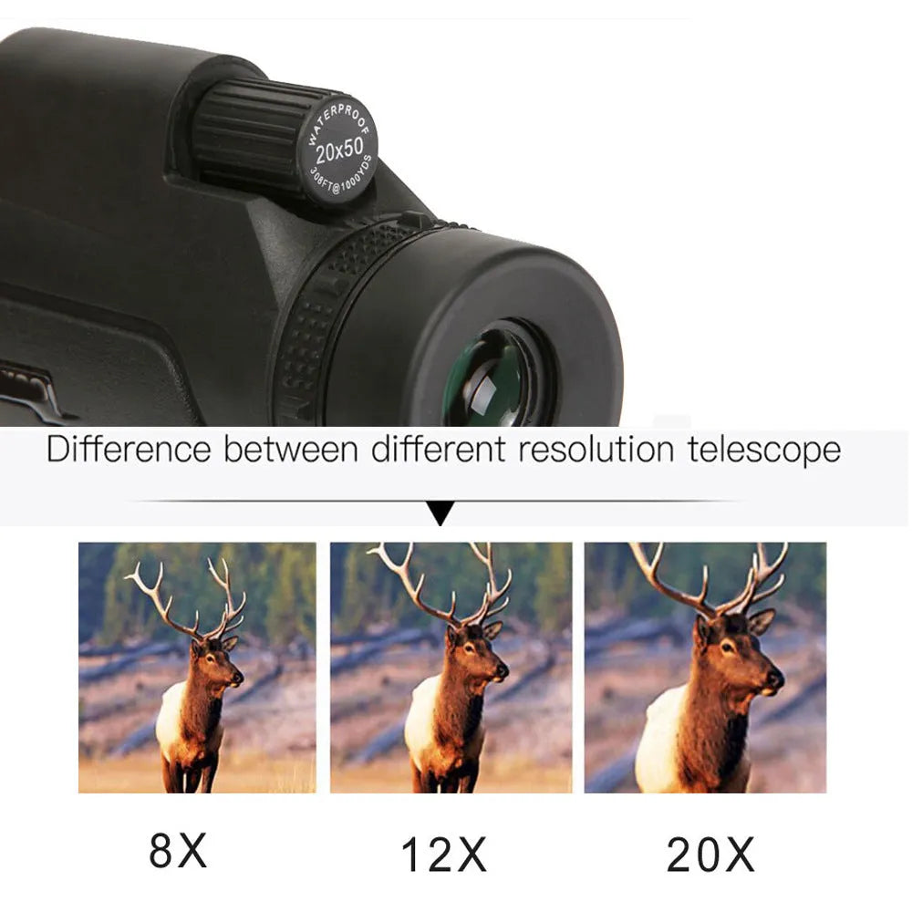 Black 20x50 monocular telescope showing objective lens and eyepiece