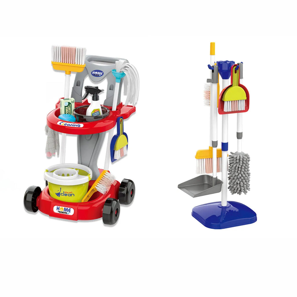 Children's play house cleaning toy set with ABS cleaning tools, stroller suit, and vacuum cleaner options in an English colour box