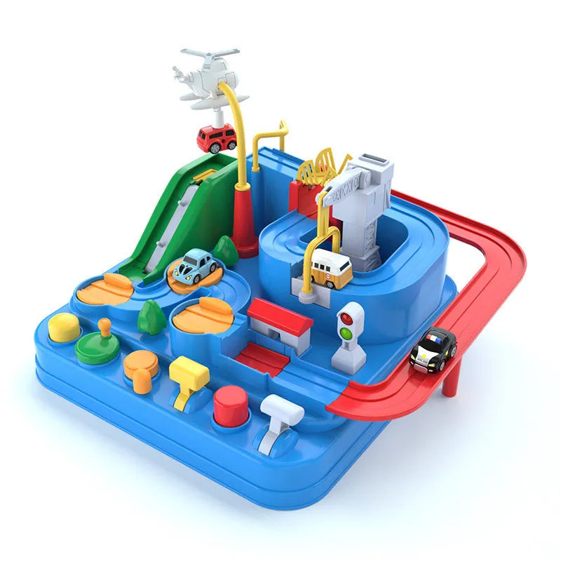 Plastic toy car track set showing adventure parking lot rail system for kids vehicle play