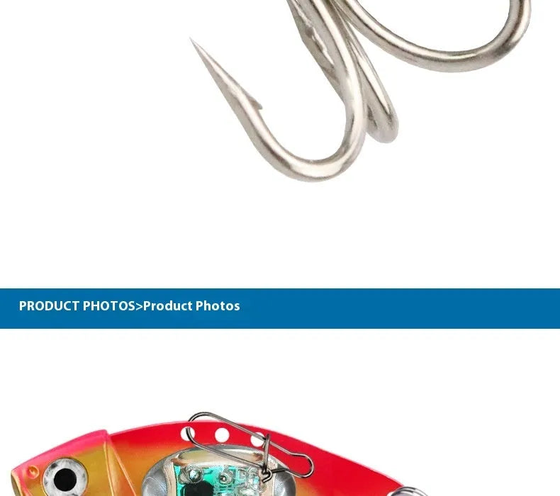 Electronic luminous metal vib fishing lure showing blue body and red body colour options