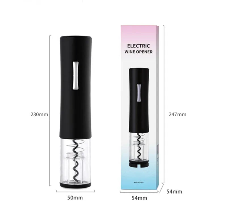 Automatic electric wine opener with black ABS shell and foil cutter set on a table alongside a wine bottle
