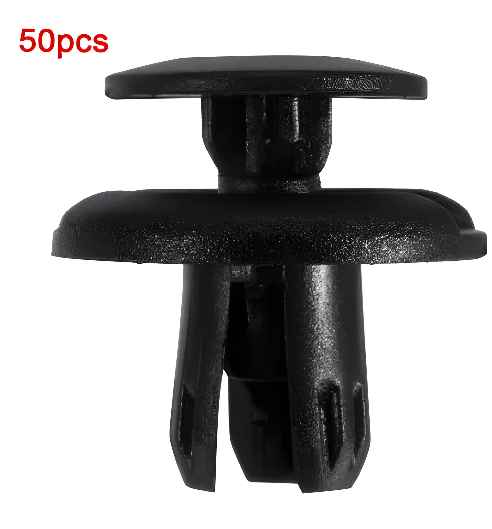 Fifty black plastic automotive rivet fasteners with 8mm hole size and paper clip closure mechanism
