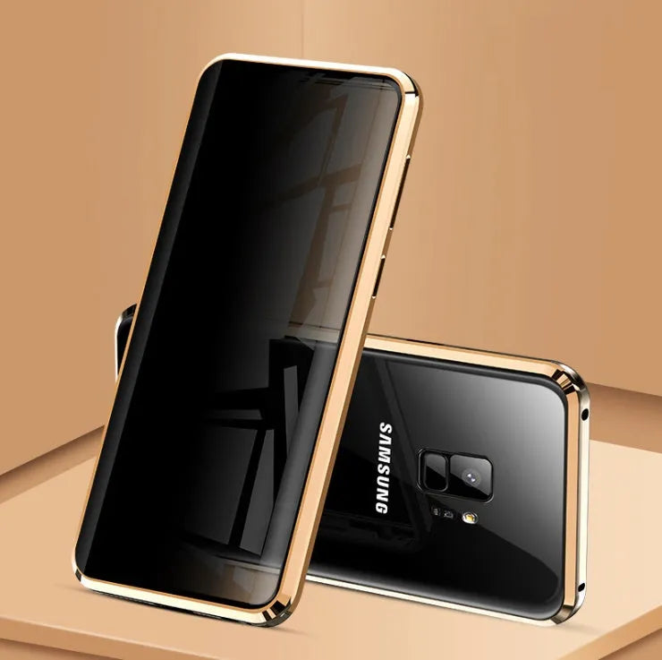 Samsung smartphone in a black clamshell magnetic case with anti-peeping screen, shown open and closed.