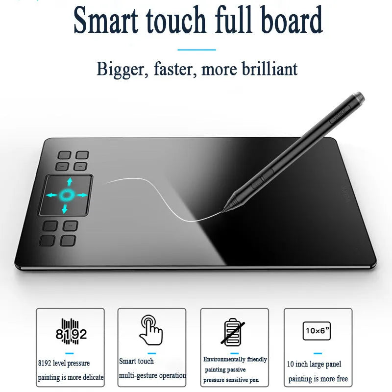 Digital drawing electronic drawing board tablet with 10-inch panel, black, showing passive pen and pen stand
