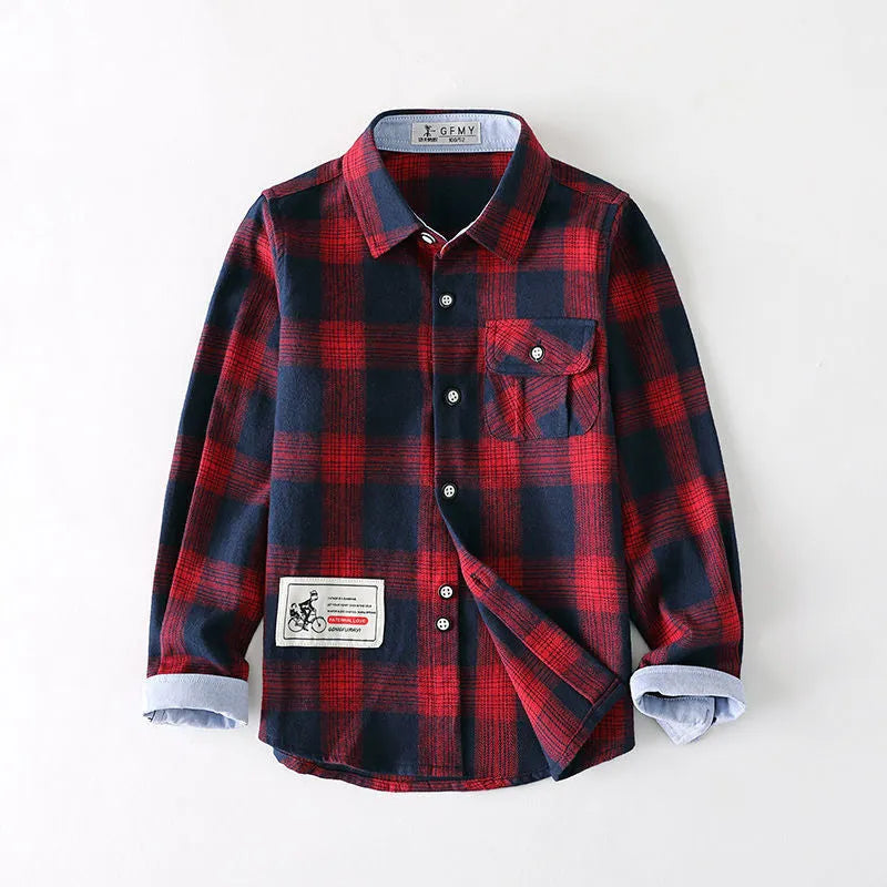 Boys plaid shirt with long sleeves, slim fit, grid pattern, ultra-short 40cm length, in green navy blue or red.