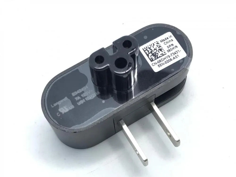 Black folding notebook power plug with two forks and plum tail connector in straight and angled positions