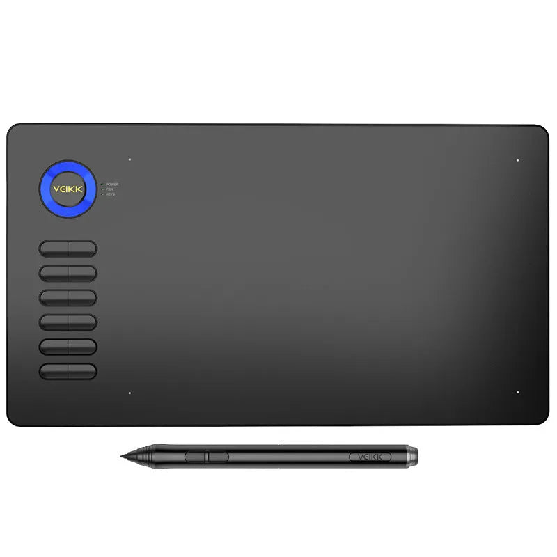 VEIKK A15 electronic digital graphic drawing tablet in black with stylus pen and USB-C cable on desk