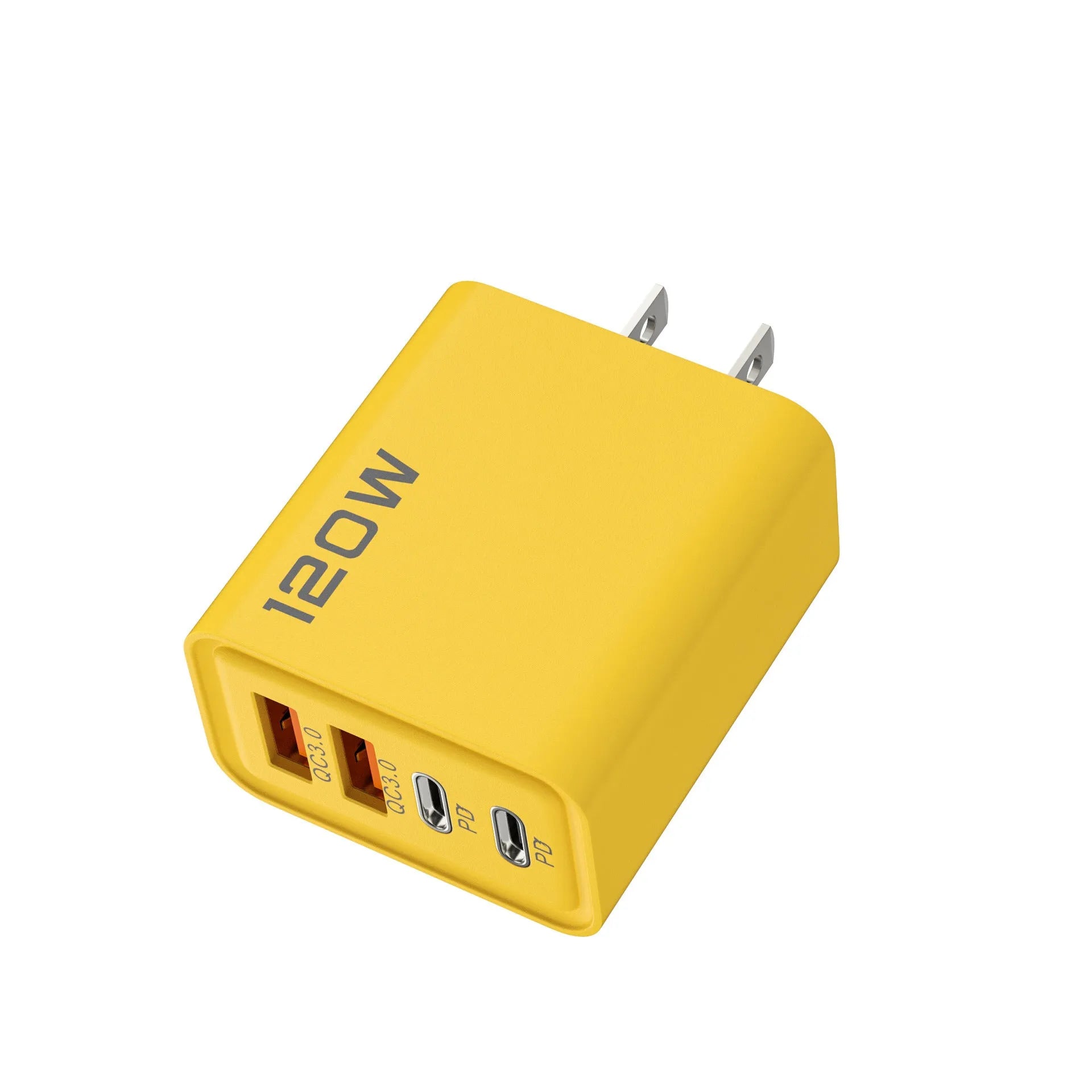 120W dual PD dual USB wall charger in Black, White, and Yellow with UK and EU plug options