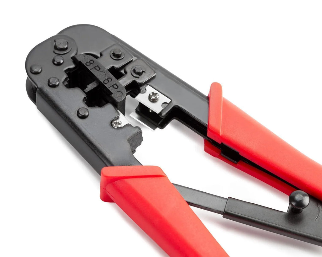 Red high carbon steel crimping tool with round mouth and flame retardant handles