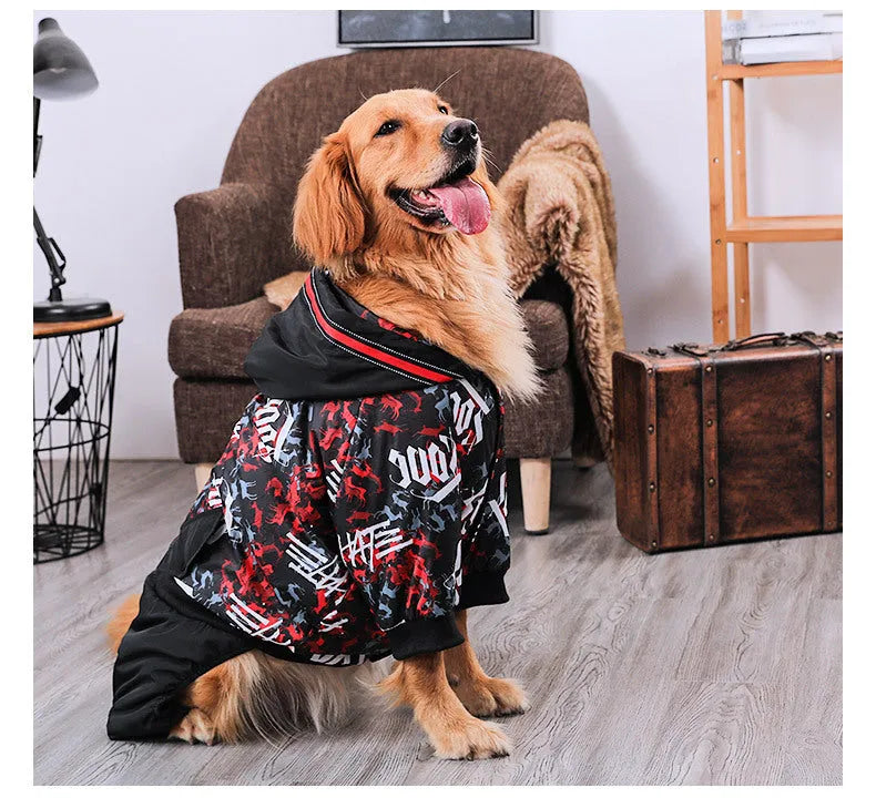 Large dog cotton printed coat in 3XL to 7XL sizes with neckline, bust, and back length measurements
