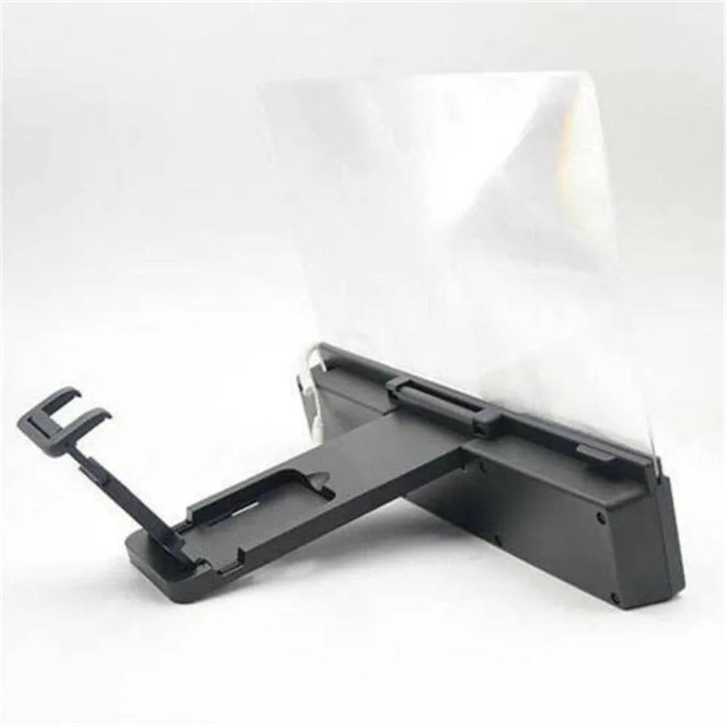 Smartphone screen amplifier with 12-inch lens and flexible gooseneck stand on a table