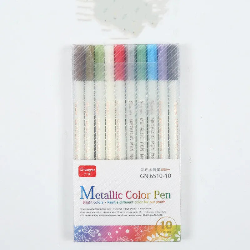 Boxed set of coloured metallic pens with plastic shells for office and stationery use.