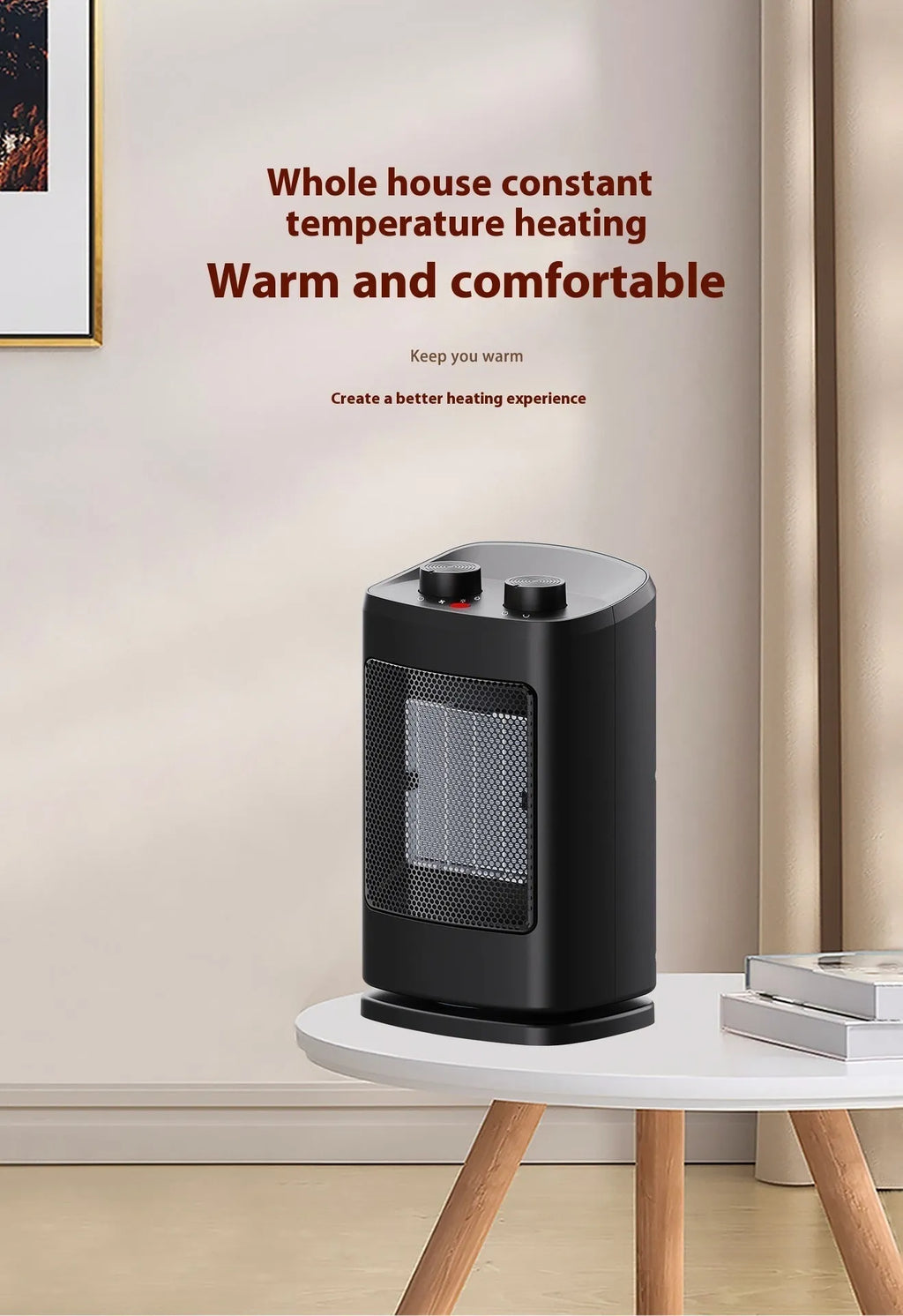 Small black PTC ceramic desktop heater with three fan speeds and tip-over safety switch