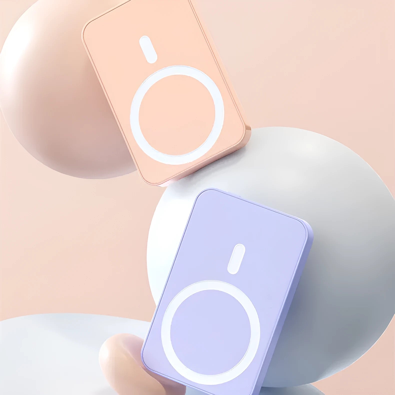 Pink wireless magnetic power bank showing dimensions and 20000mAh capacity label