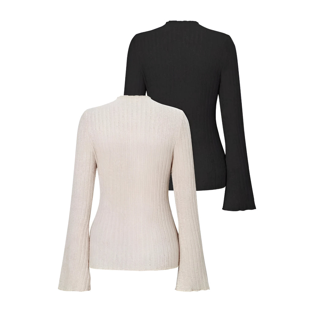 Black slim-fit long sleeve top with round neck and subtle sunken stripe pattern on soft brushed fabric.