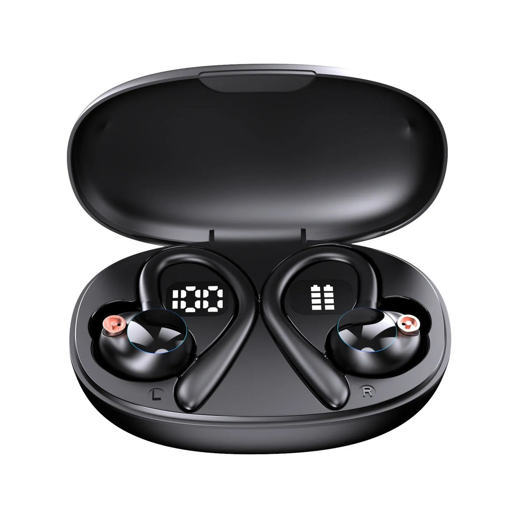 Black PC ABS in-ear Bluetooth headset with ear hook and digital display