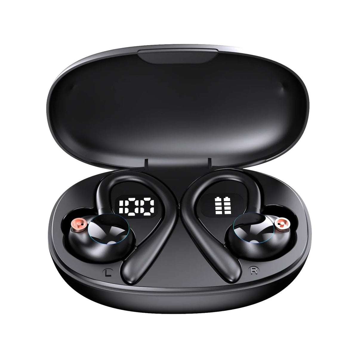 Black PC ABS in-ear Bluetooth headset with ear hook and digital display