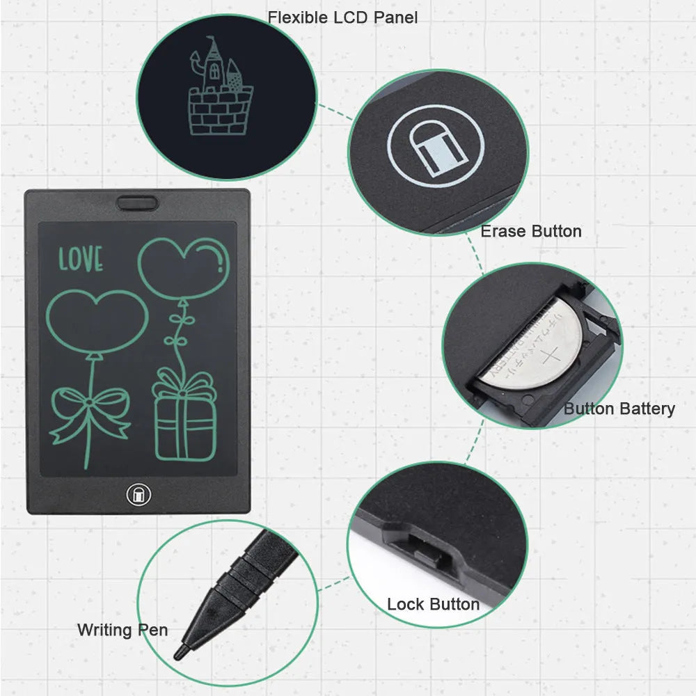 LCD sketchpad tablet with 8.5 inch screen, special writing pen, and ABS frame on a desk