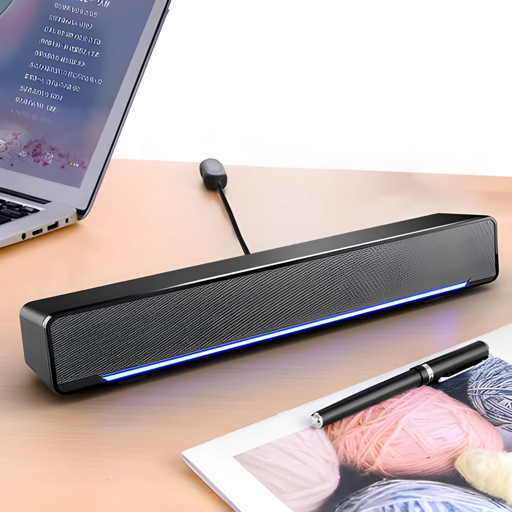KH V196 plastic 2.0 computer speakers in black with trapezoidal mesh design and breathing light