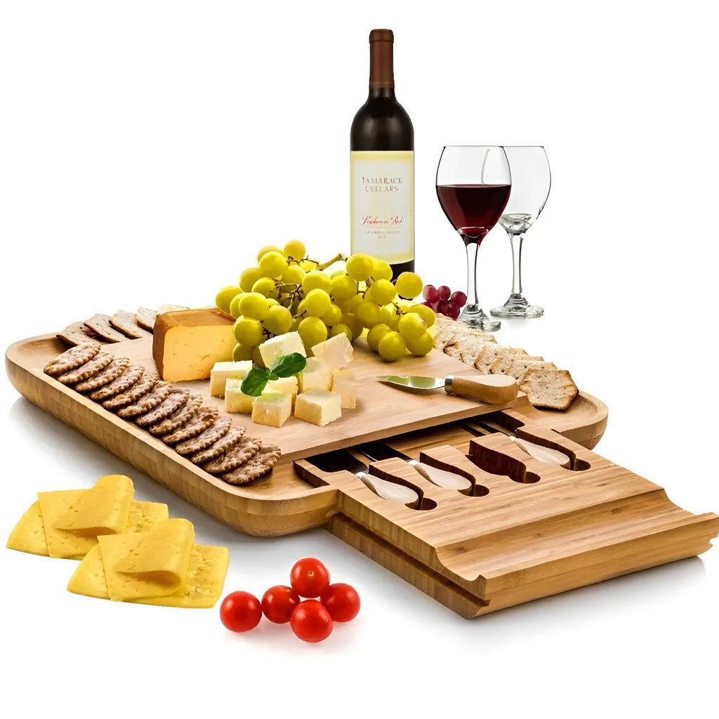 Square bamboo cutting board with knife drawer and natural wood colour finish