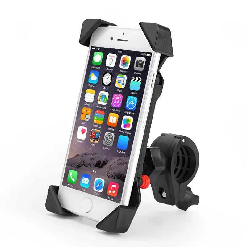 Black motorcycle phone holder mounted on handlebar with USB charging cable connected