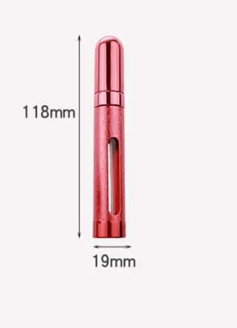 Slim 12ml aluminium travel perfume bottle with glass liner in blue, gold, pink, red, silver, and violet colours.