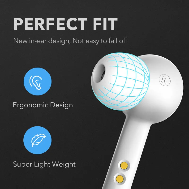Black and white true wireless Bluetooth earbuds with in-ear design.