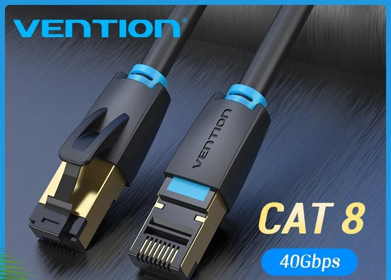 CAT8 high-speed flat and round Ethernet network cables in various lengths from 0.5 to 10 metres.