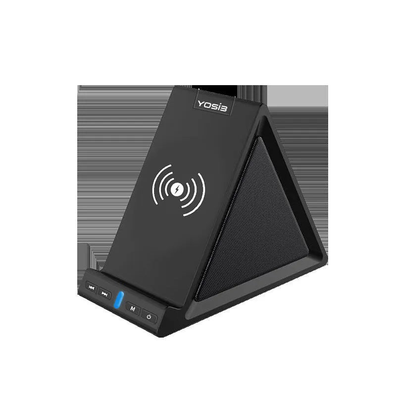 Black portable Bluetooth speaker with integrated mobile phone stand and wireless charging function.