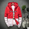 Men's casual thin section striped hooded jacket in blue, slim fit, no collar, front view