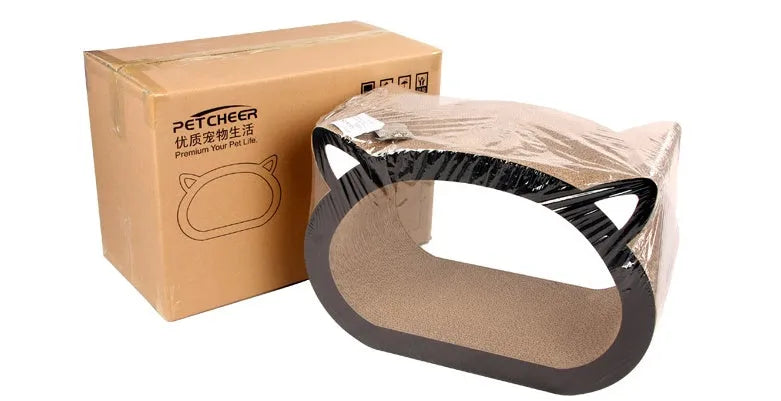 Cat head cat scratch board made from BC corrugated paper, 48.1x32x23 cm, grey and brown design