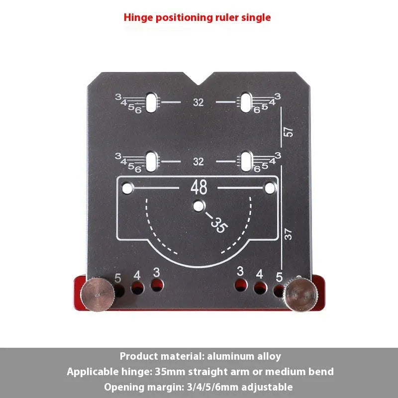 Red aluminium alloy hinge locating ruler with adjustable margins and carbide tip blade for 35mm hinges.