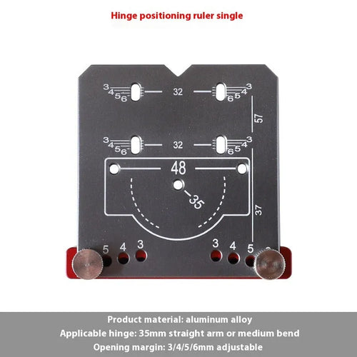 Red aluminium alloy hinge locating ruler with adjustable margins and carbide tip blade for 35mm hinges.