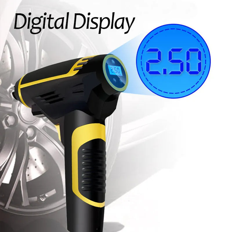 Automatic portable handheld digital LED car air compressor with hose and connectors on black background