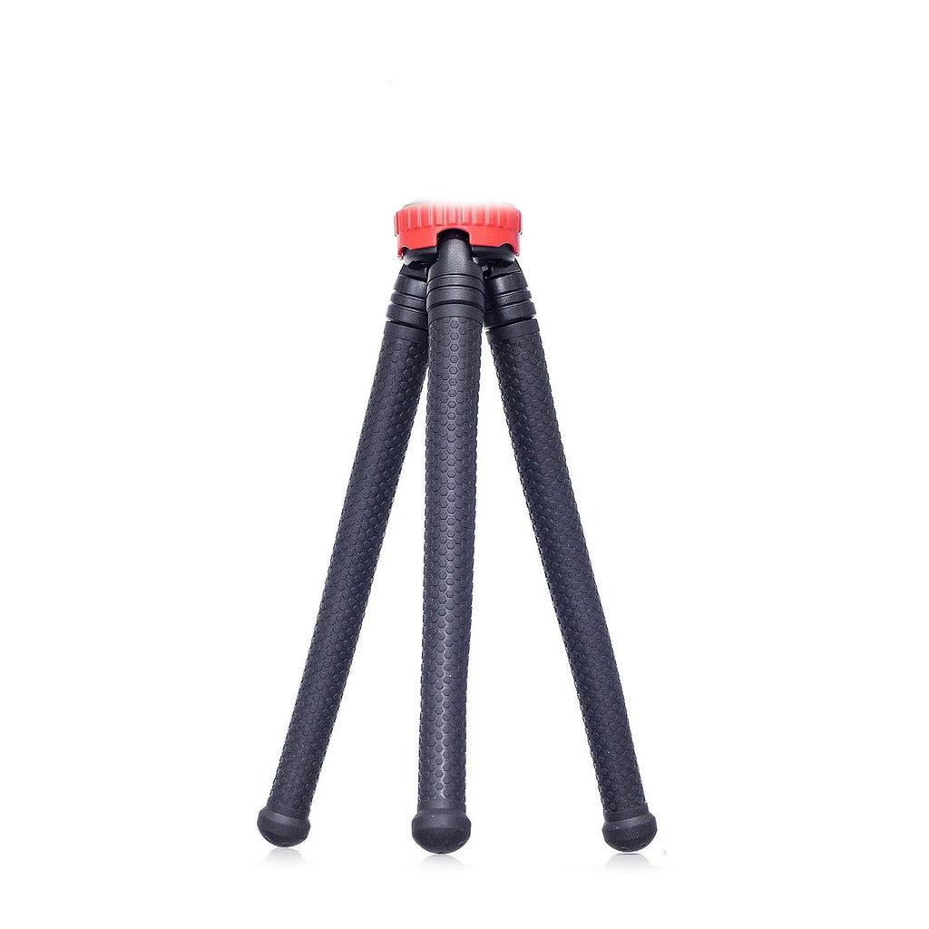 Black octopus tripod with flexible rubber legs wrapped around a pole holding a camera