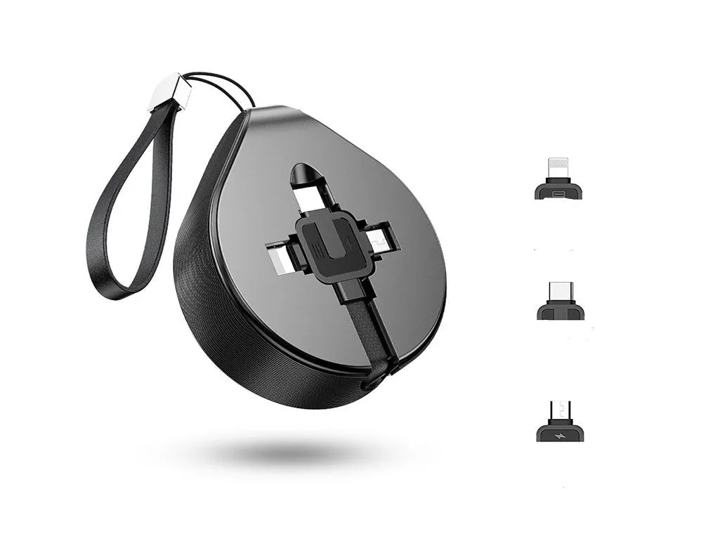 Black telescopic three-in-one fast charging data cable extended to 1 metre, showing Micro-USB, Lightning, and Type-C connectors.