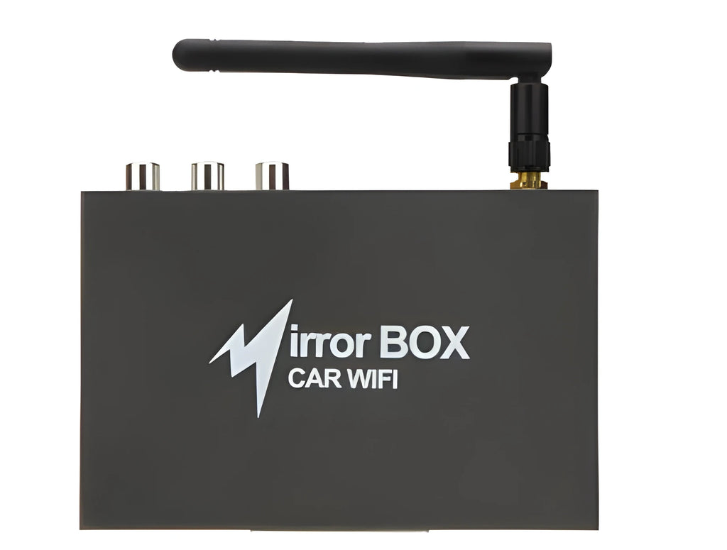 Black car mirror link box Wi-Fi converter with power cable, antenna, and AV cable for smartphone screen mirroring.