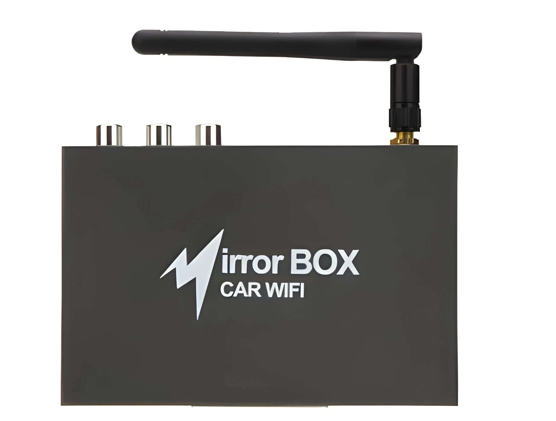 Black car mirror link box Wi-Fi converter with power cable, antenna, and AV cable for smartphone screen mirroring.