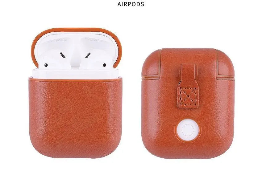 Genuine leather protective case for Apple Airpods charging box in black, brown, light brown, and red.