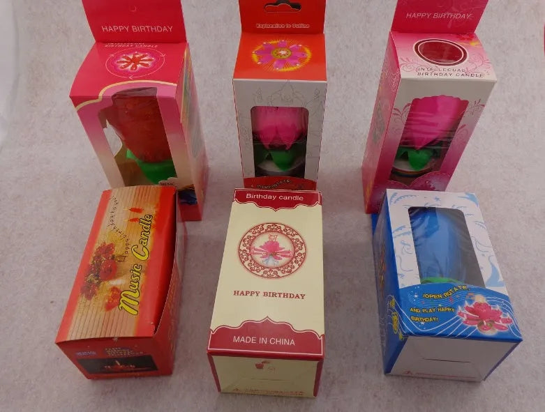 Set of eight musical lotus candles in lotus flower shape, 11cm diameter, available in yellow, rose red, purple, blue, red