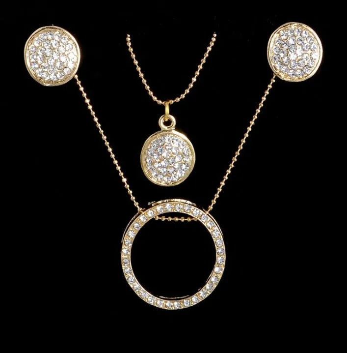 Gold-toned faux pearl necklace and earrings set for women with a central grey-turquoise bead