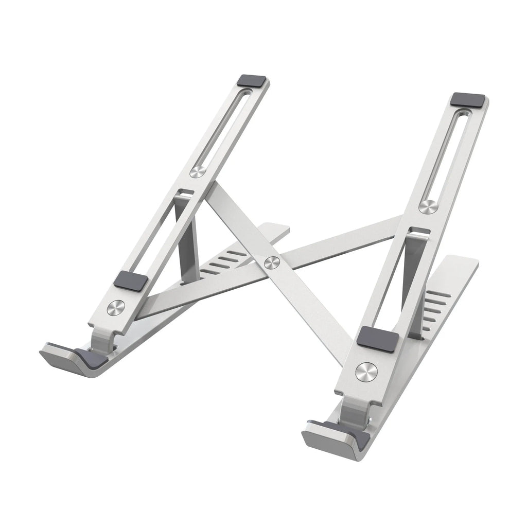 Portable aluminum alloy laptop stand in folded and extended positions showing height adjustment mechanism