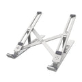 Portable aluminum alloy laptop stand in folded and extended positions showing height adjustment mechanism