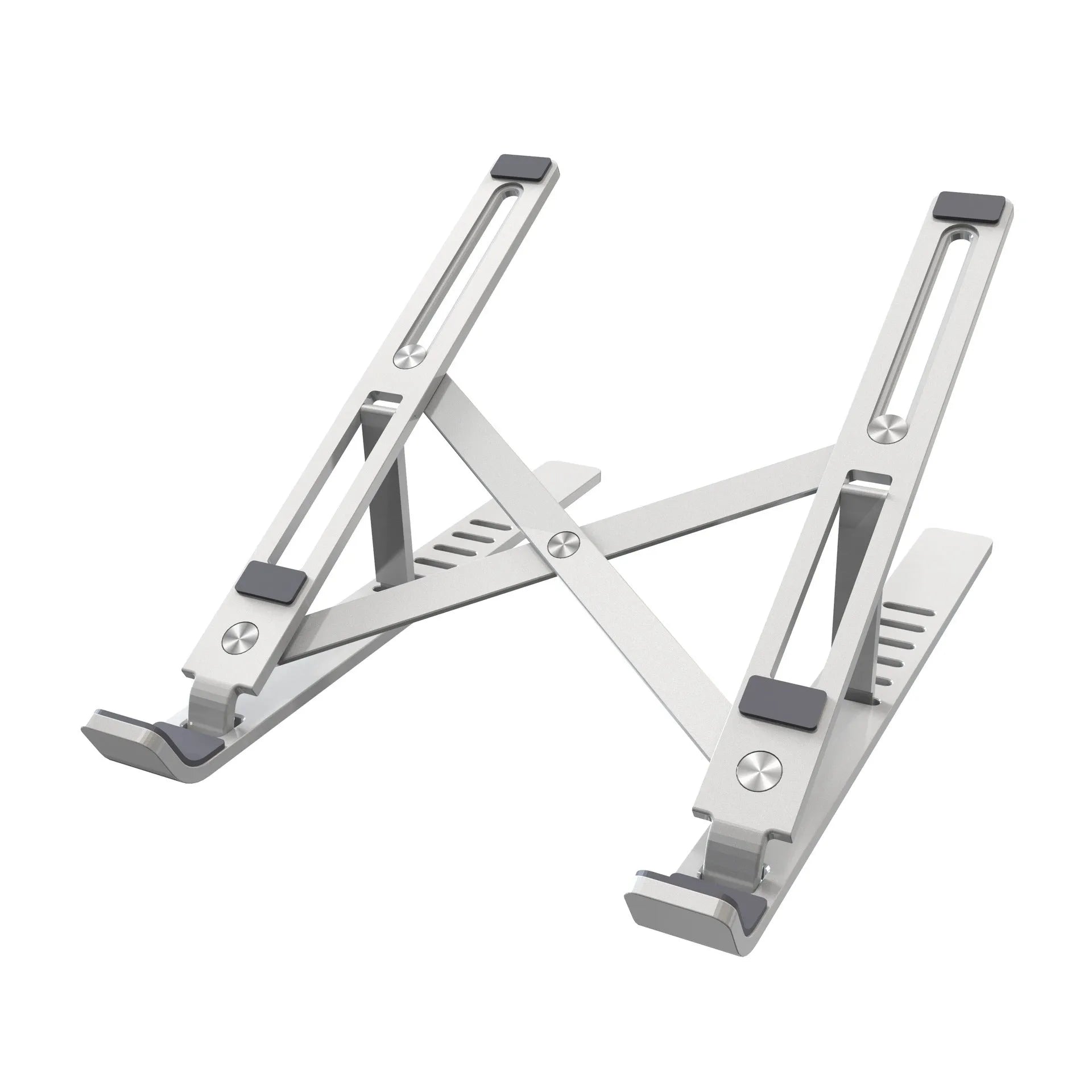 Portable aluminum alloy laptop stand in folded and extended positions showing height adjustment mechanism